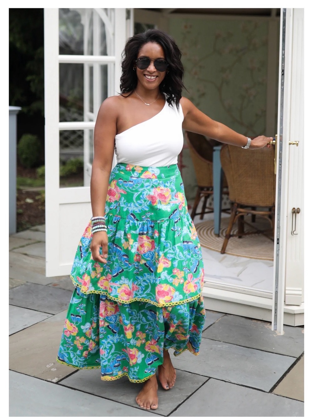 CK BRADLEY Tiered Floral Maxi Skirt in Green